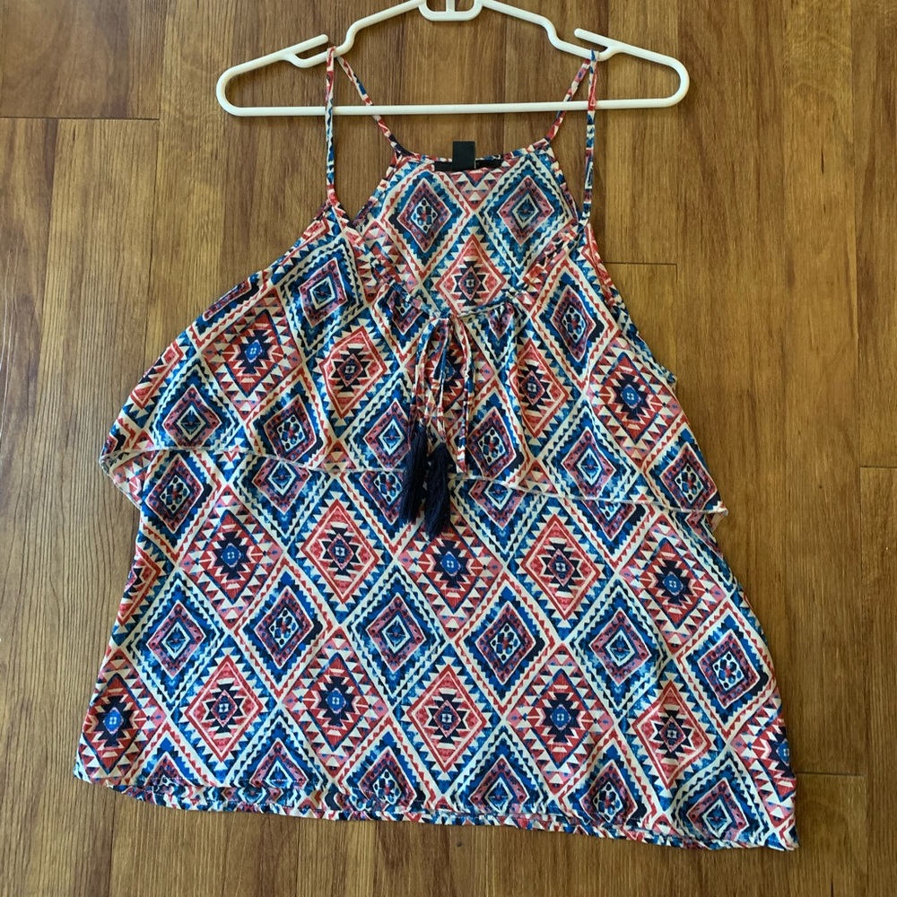Red, White, and Blue Pattern Tank Top With Tassels